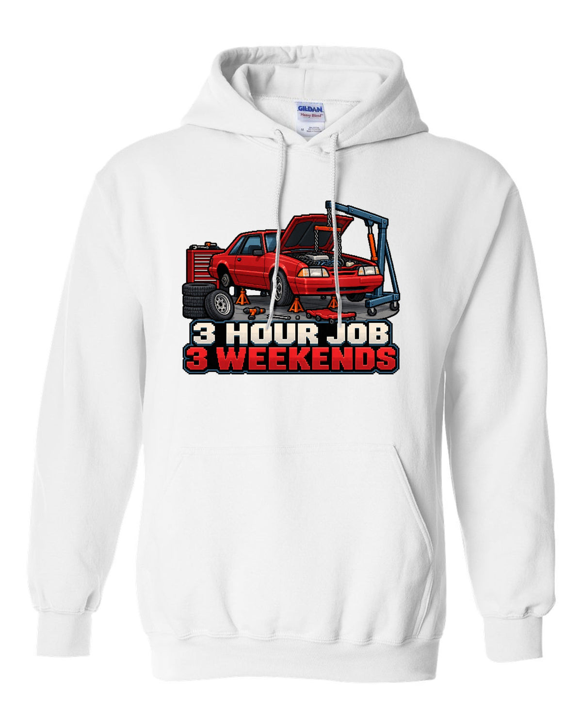 16-bit pixel art print of a 1989 Ford Mustang Fox Body notchback in a workshop white pull over hoodie front view with the design