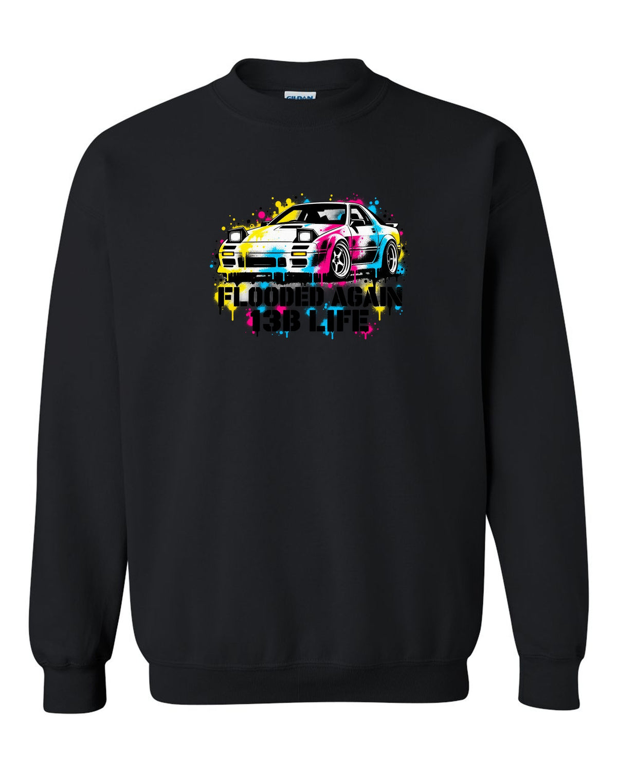 Stencil spray street art print for the Mazda RX-7 FC3S with flooded again 13B life lettering black crewneck front view with the design
