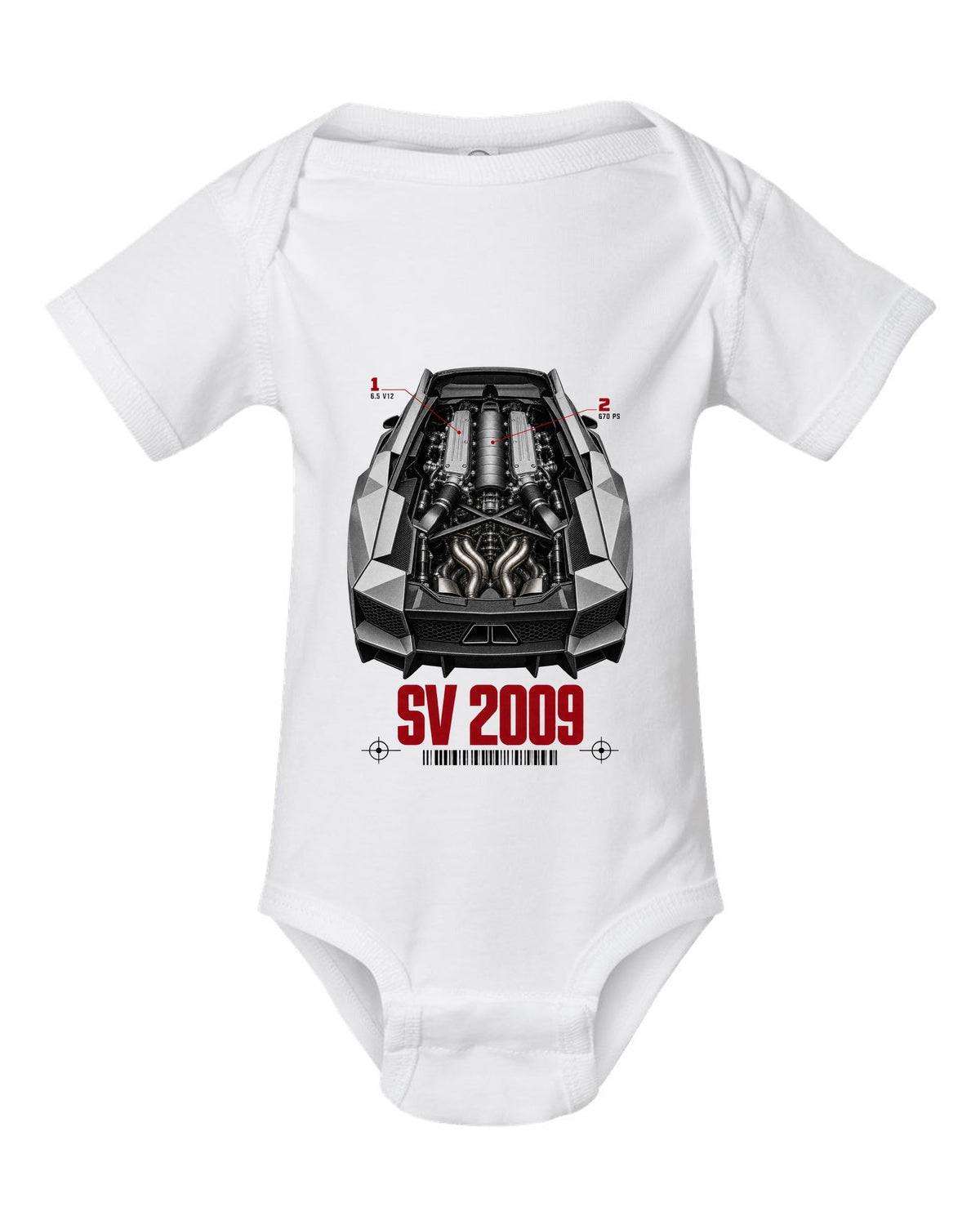 Engine hero print of a Lamborghini Murcielago LP670-4 SV with 6.5 V12 and 670 PS callouts white baby onesie front view with the design
