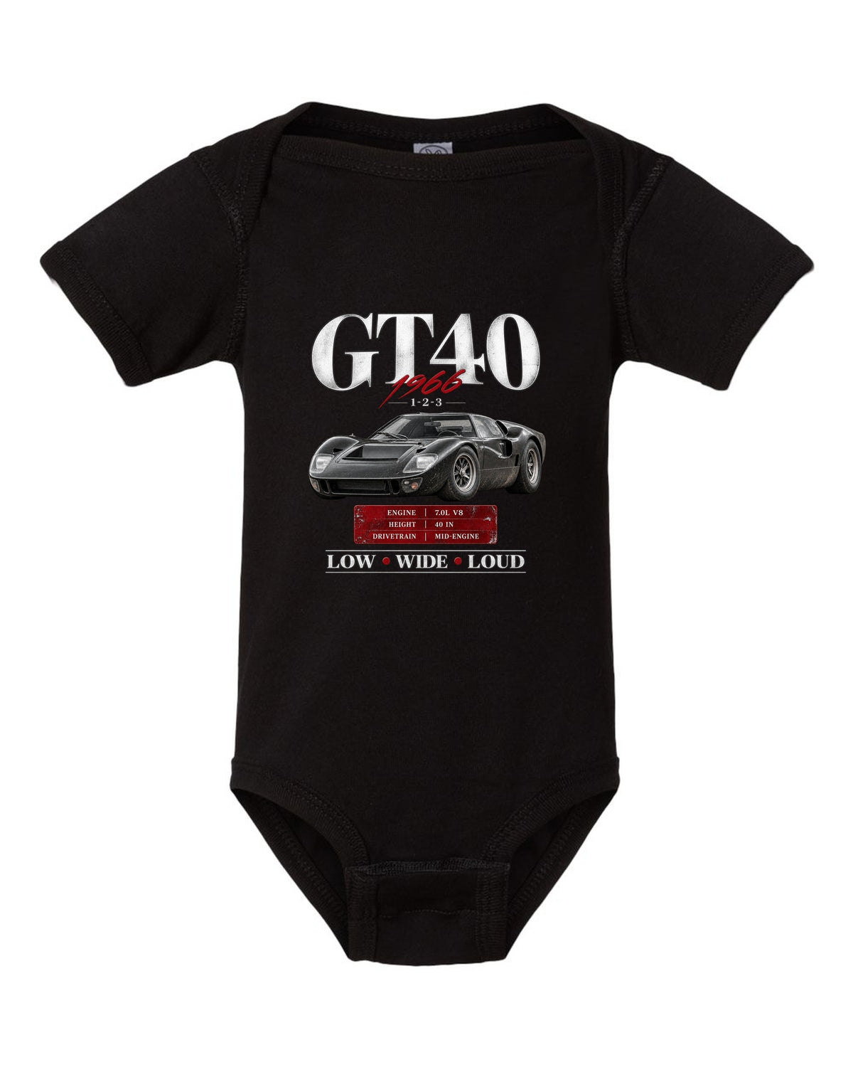 Archive panel print of a 1966 Ford GT40 Mk II with spec callouts black baby onesie front view with the design