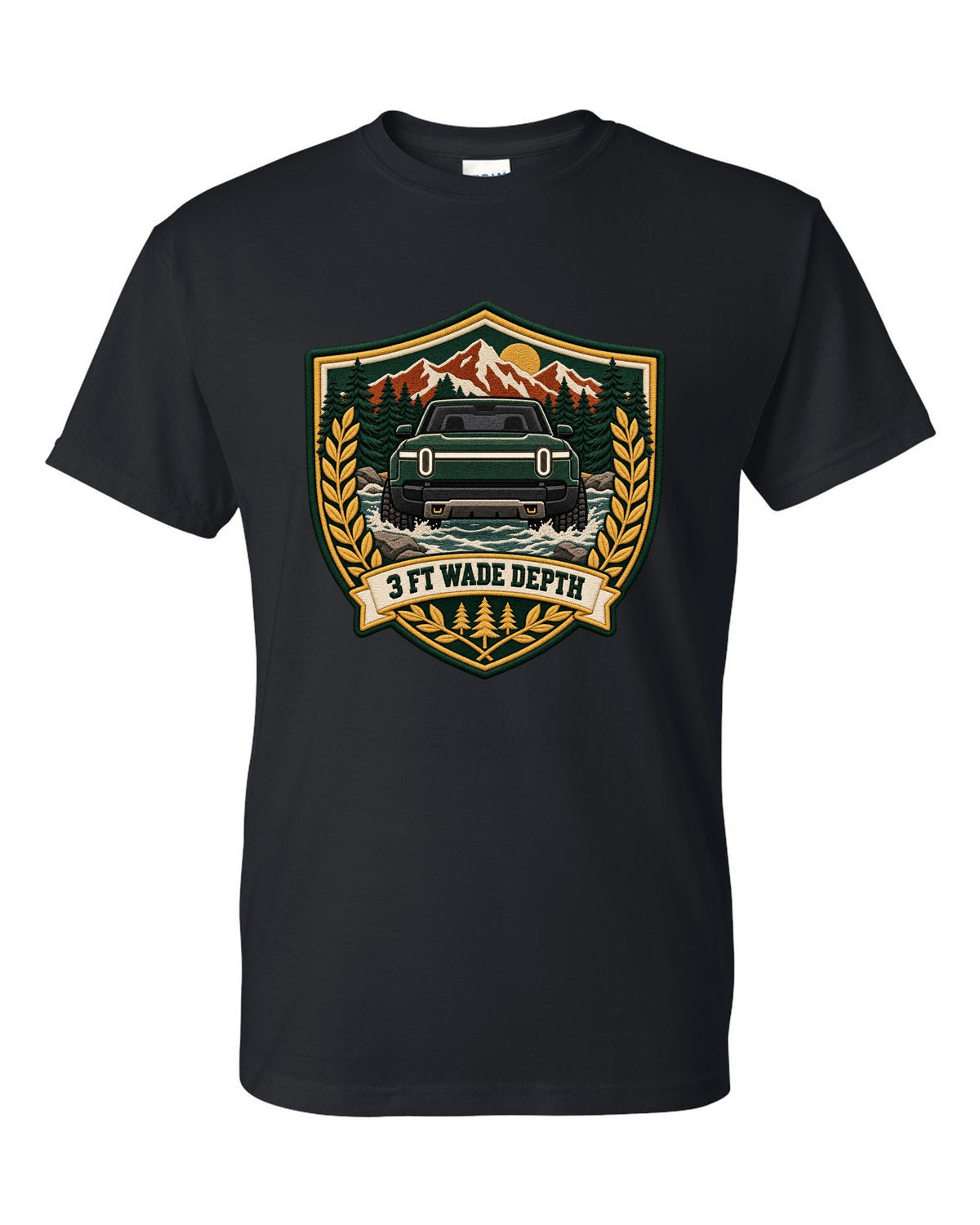 Rivian R1T varsity shield crest print with the text 3 ft wade depth black t-shirt front view with the design