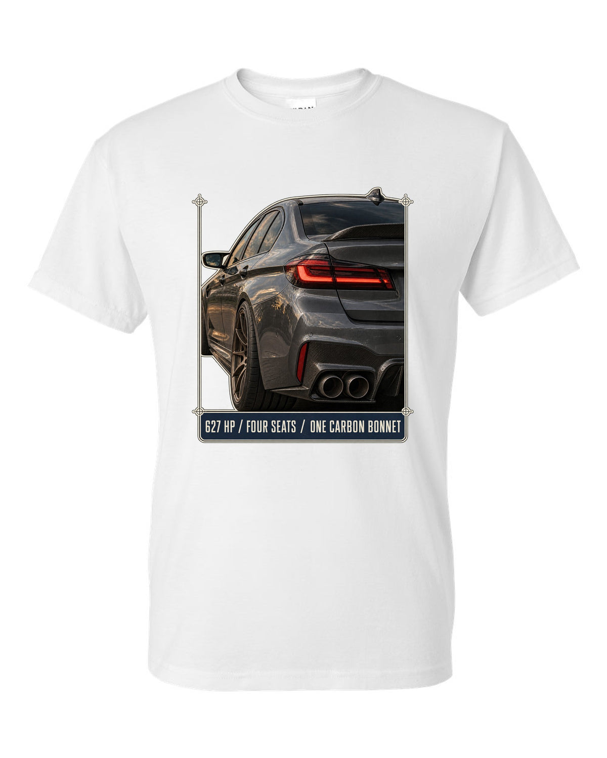 BMW M5 F90 CS taillight macro print with 627 HP, four seats and carbon bonnet text white t-shirt front view with the design