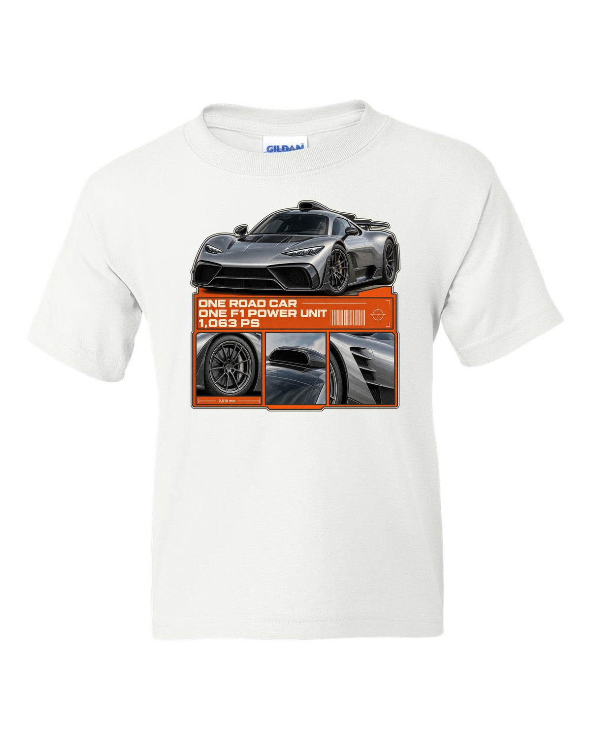 Mercedes-AMG One dossier panel design with three detail views white kids tee front view with the design