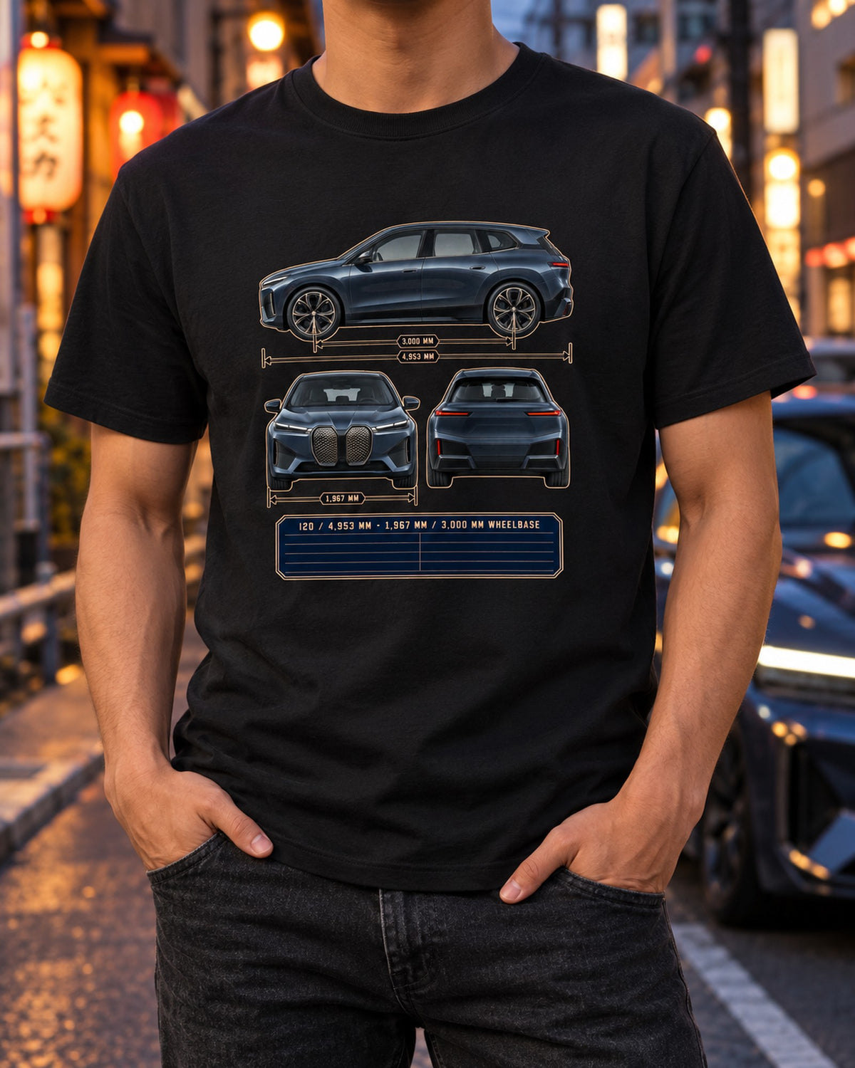 BMW iX M60 I20 Three-View Spec Table Shirt, Car Gift T-Shirt Black worn hero