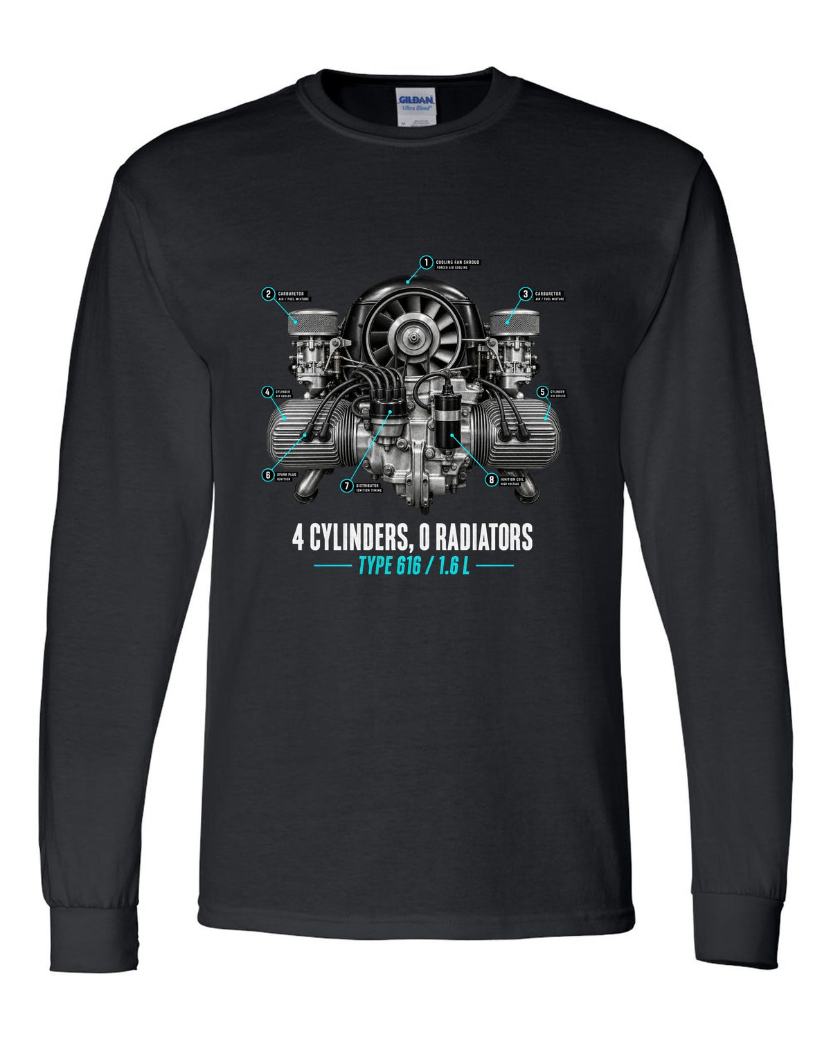 Engine hero print of the Porsche 356 Type 616 1.6 L flat-four with the caption 4 cylinders 0 radiators black long sleeve front view with the design