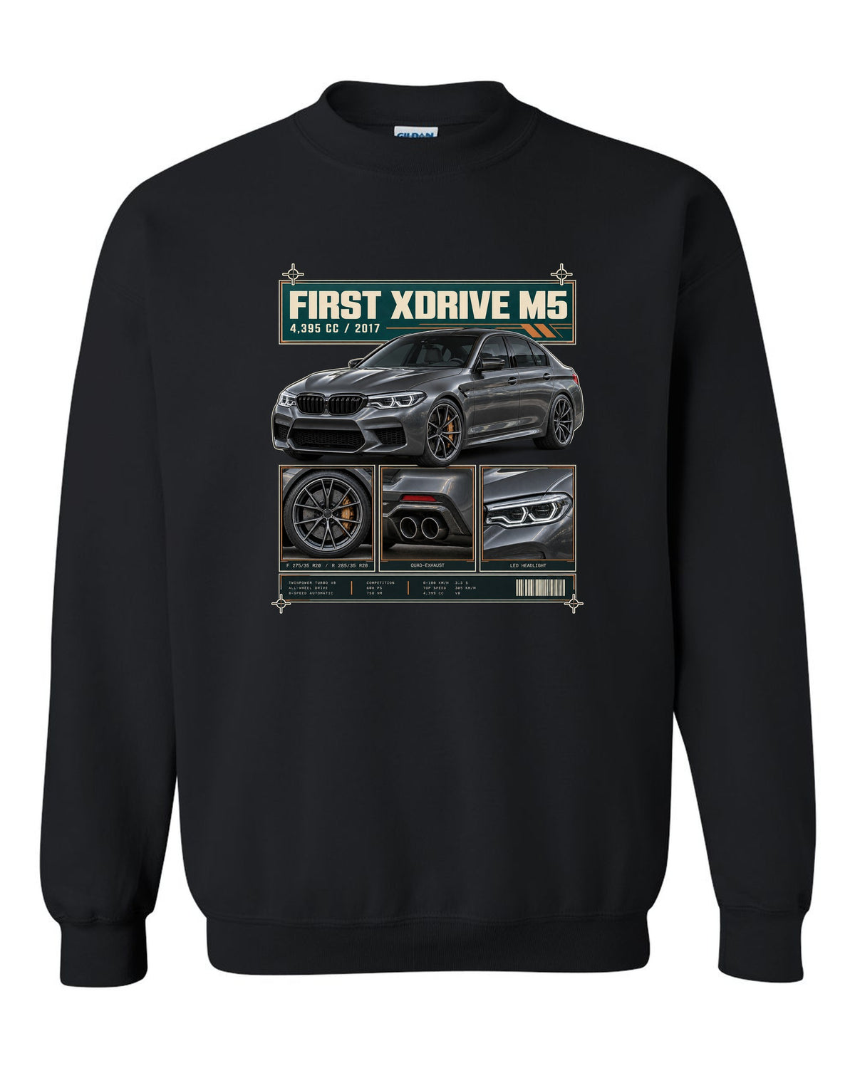 BMW M5 F90 Competition dossier panel print on a tee black crewneck front view with the design