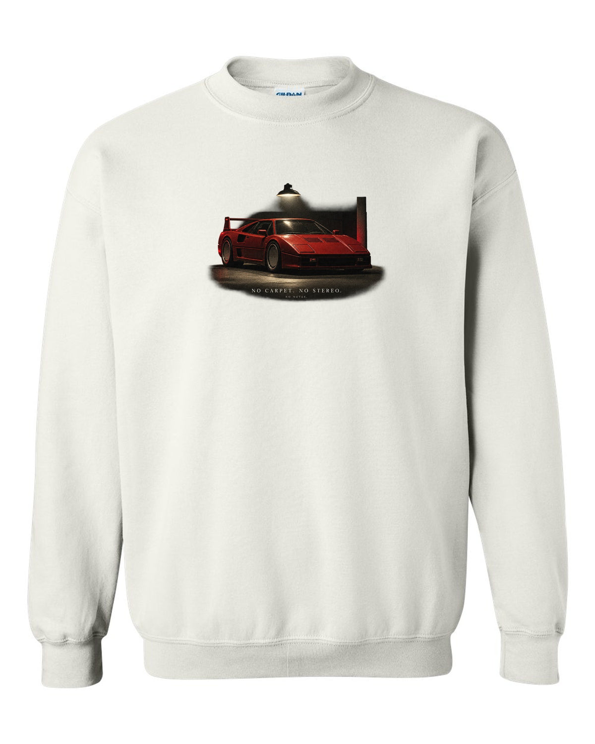 Ferrari F40 1987 front three-quarter at night, print: no carpet, no stereo, no notes white crewneck front view with the design