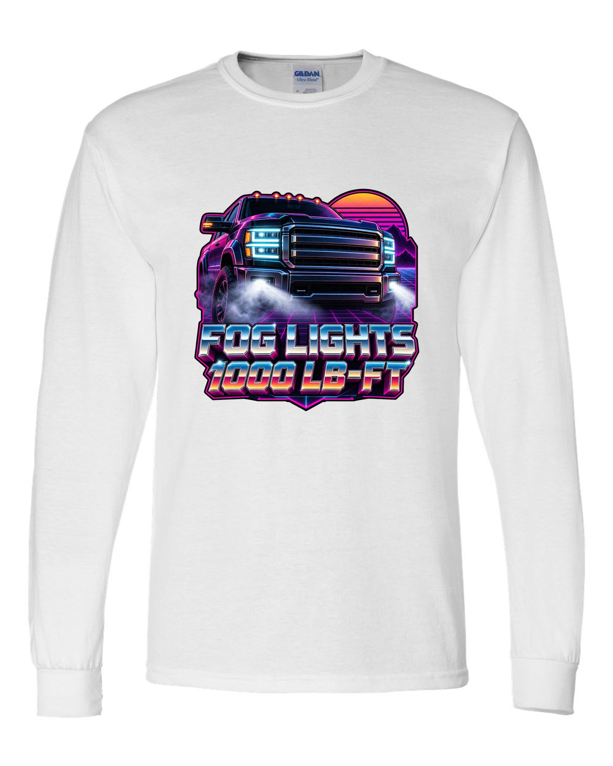 Neon synthwave grid print of a 2019-2024 Ram HD 2500 with the 6.7 HO and 1000 lb-ft text white long sleeve front view with the design