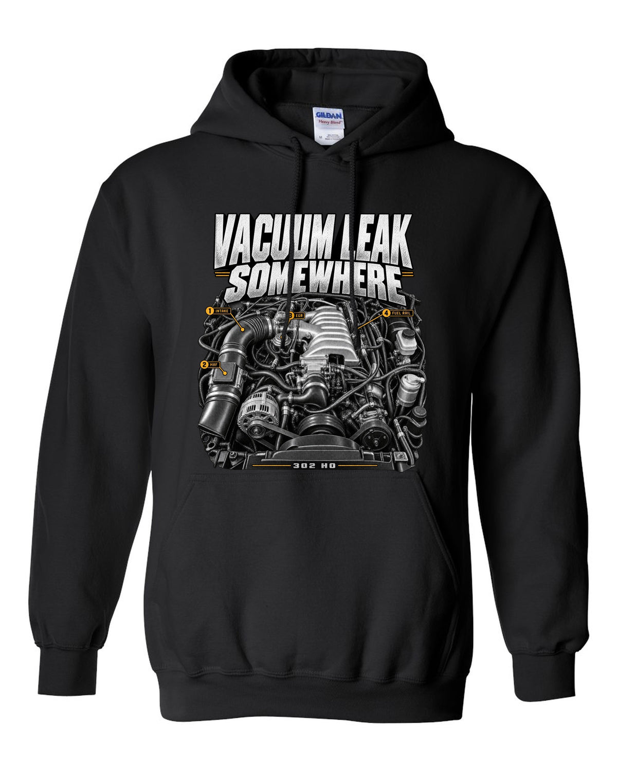 print of a Ford Mustang Fox Body 5.0 302 HO engine bay, 1987-93 black pull over hoodie front view with the design