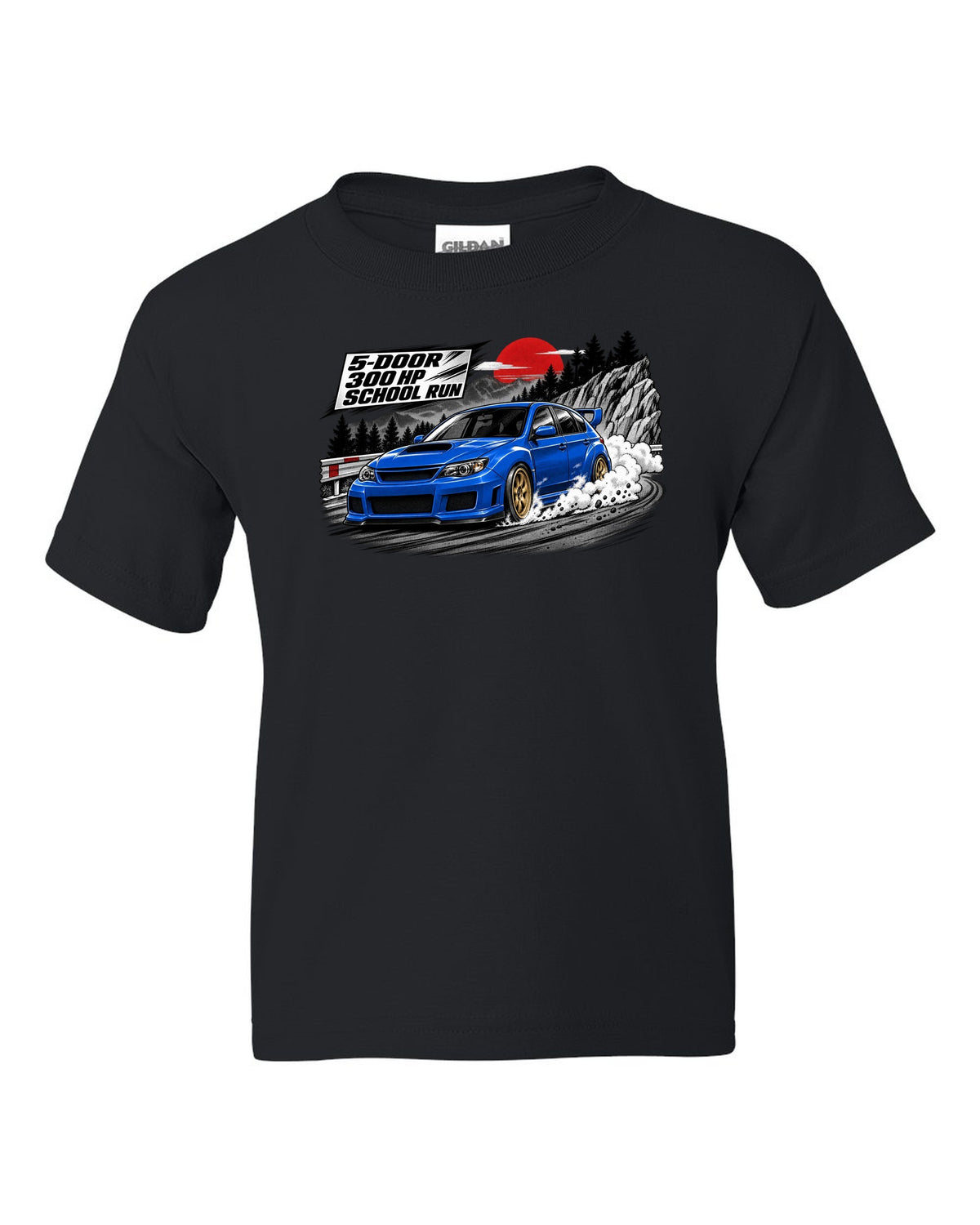 Subaru WRX STI GRB chback in a retro manga halftone panel, 5-DOOR / 300 HP / SCHOOL RUN black kids tee front view with the design