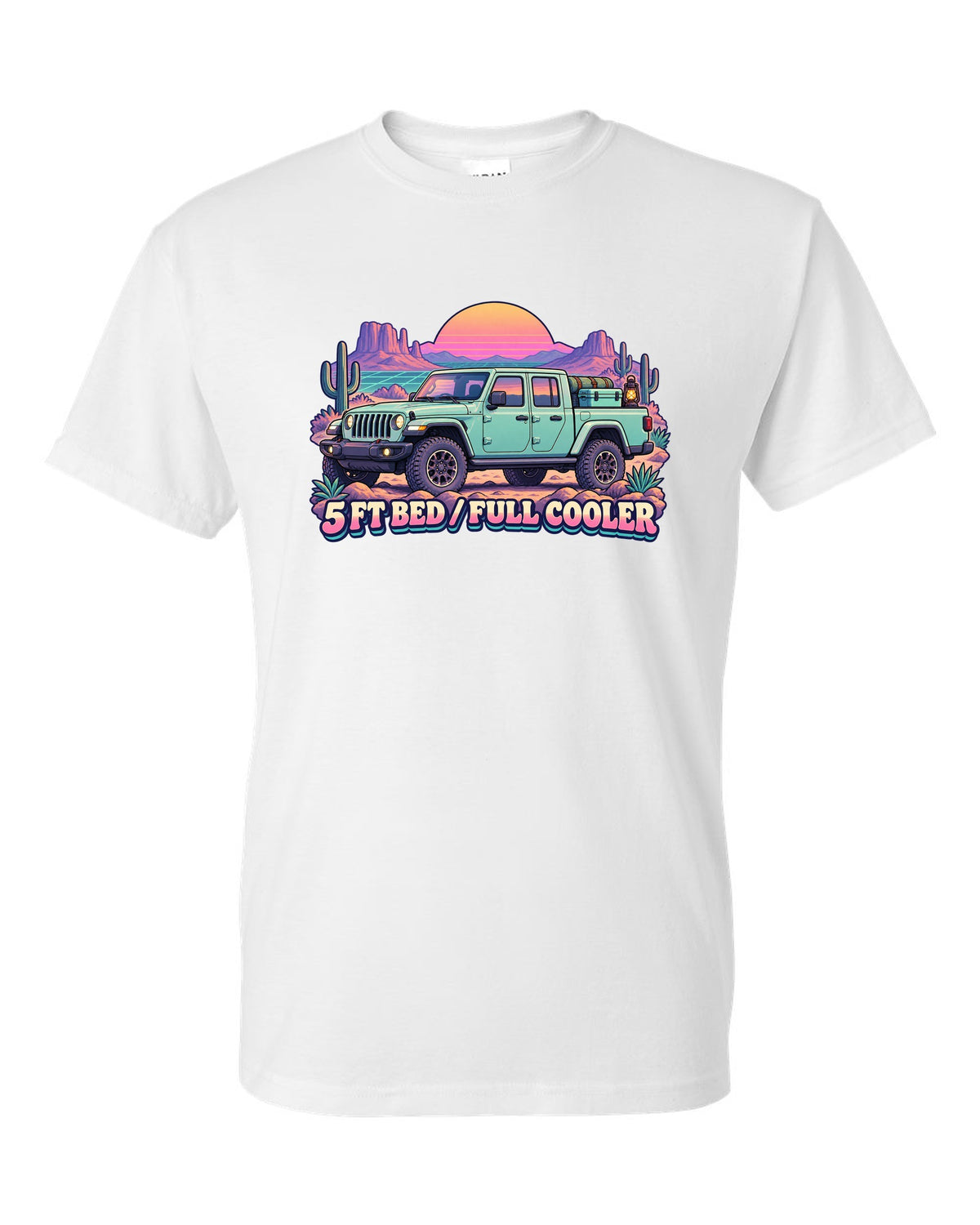 Vaporwave pastel print of a Jeep Gladiator JT in a desert camp with cooler text white t-shirt front view with the design