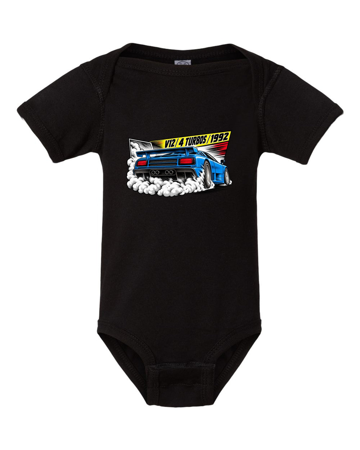 Retro manga halftone panel of a Bugatti EB110 SS burnout with V12 4 TURBOS 1992 lettering black baby onesie front view with the design
