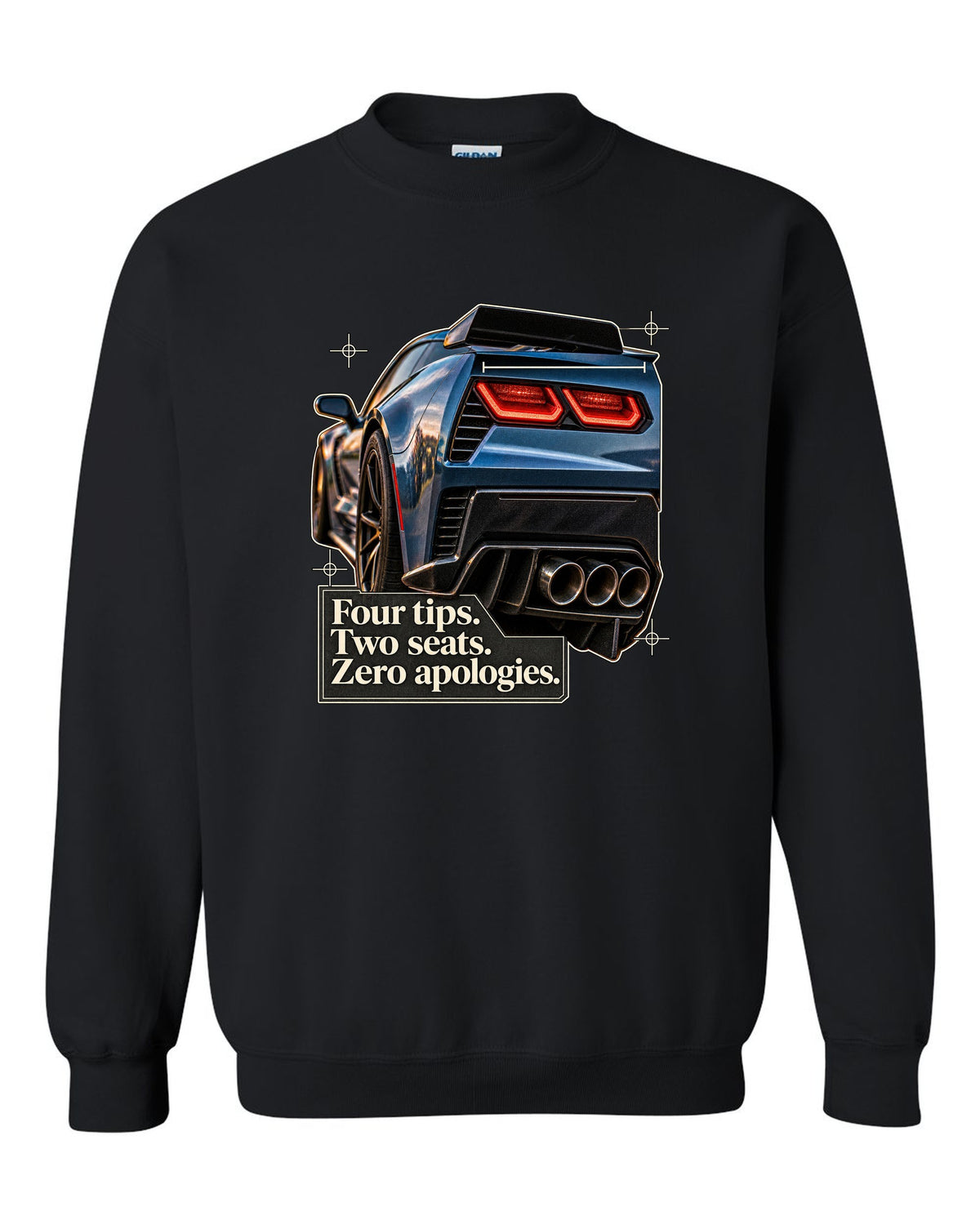 print of a Chevrolet Corvette C7 Z06 rear tail macro with four exhaust tips text black crewneck front view with the design