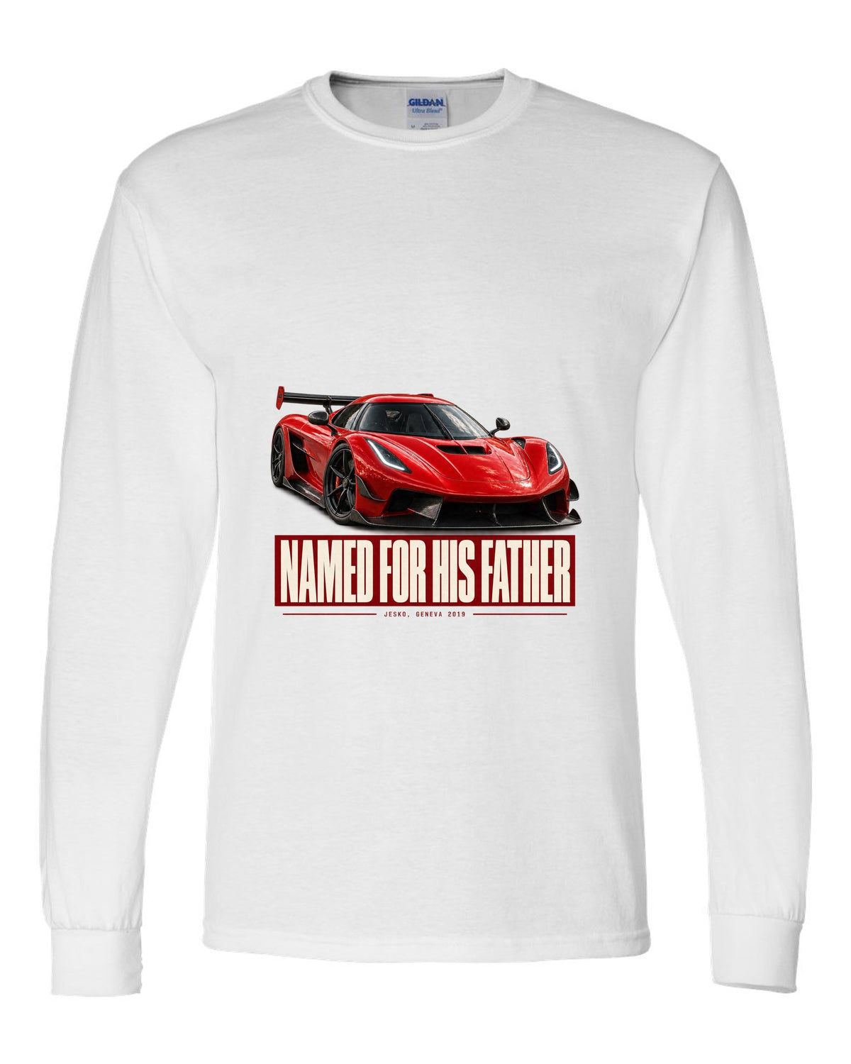 Editorial headline poster of a Koenigsegg Jesko Attack front three-quarter, print white long sleeve front view with the design