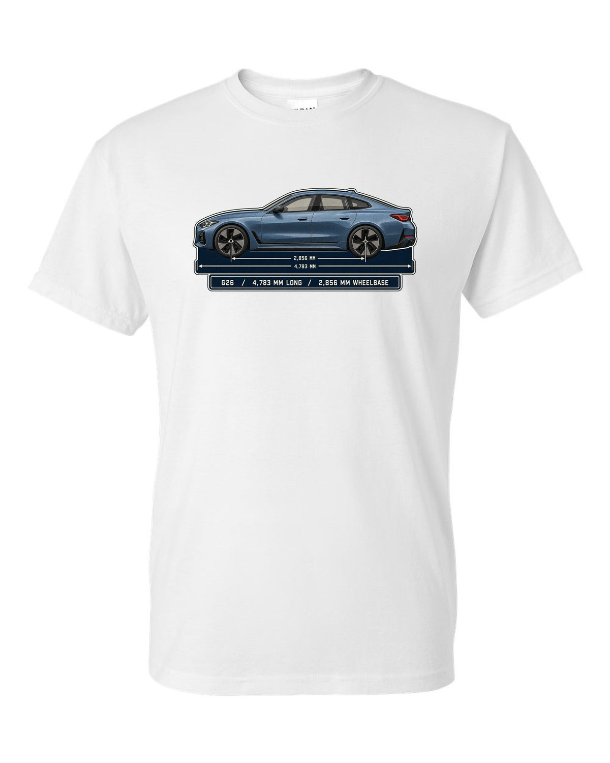 Dimension blueprint print of the BMW i4 M50 G26 Gran Coupe white t-shirt front view with the design