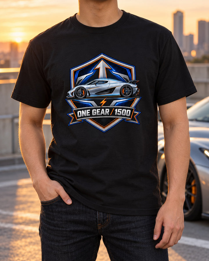 Koenigsegg Regera 2015 One Gear Crest Tee, Direct Drive T-Shirt Black worn hero