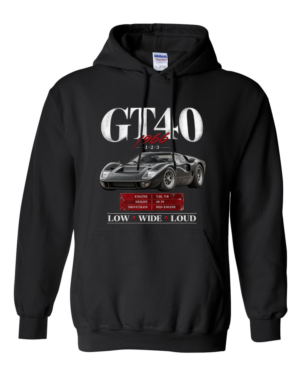 Archive panel print of a 1966 Ford GT40 Mk II with spec callouts black pull over hoodie front view with the design