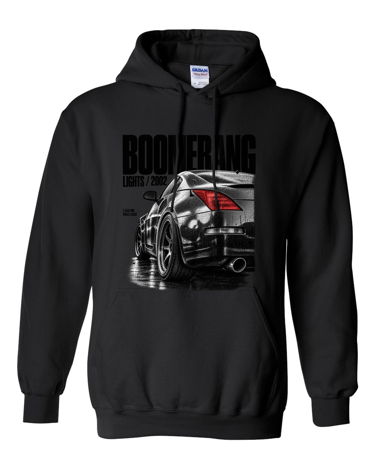 Macro print of Nissan 350Z Z33 boomerang taillights with 2,650 mm wheelbase text black pull over hoodie front view with the design