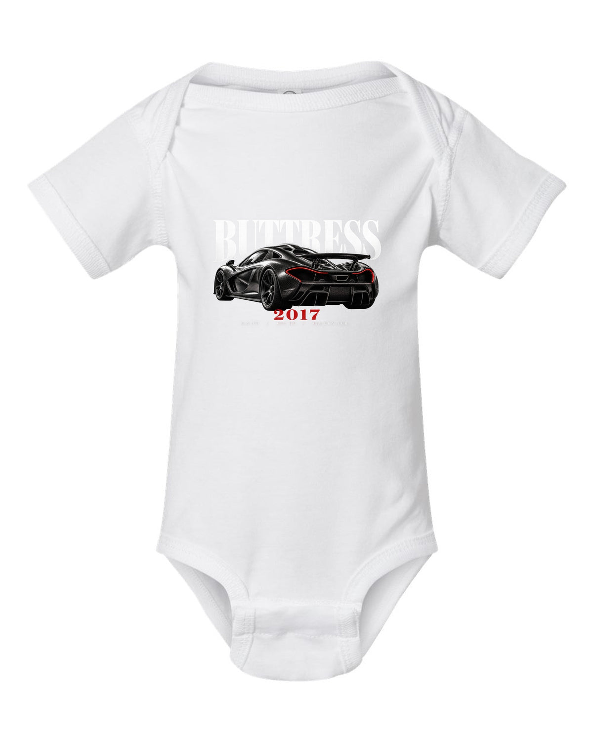 Ford GT 2017-22 buttress editorial print with 3.5 TT, 647 HP and carbon tub text white baby onesie front view with the design