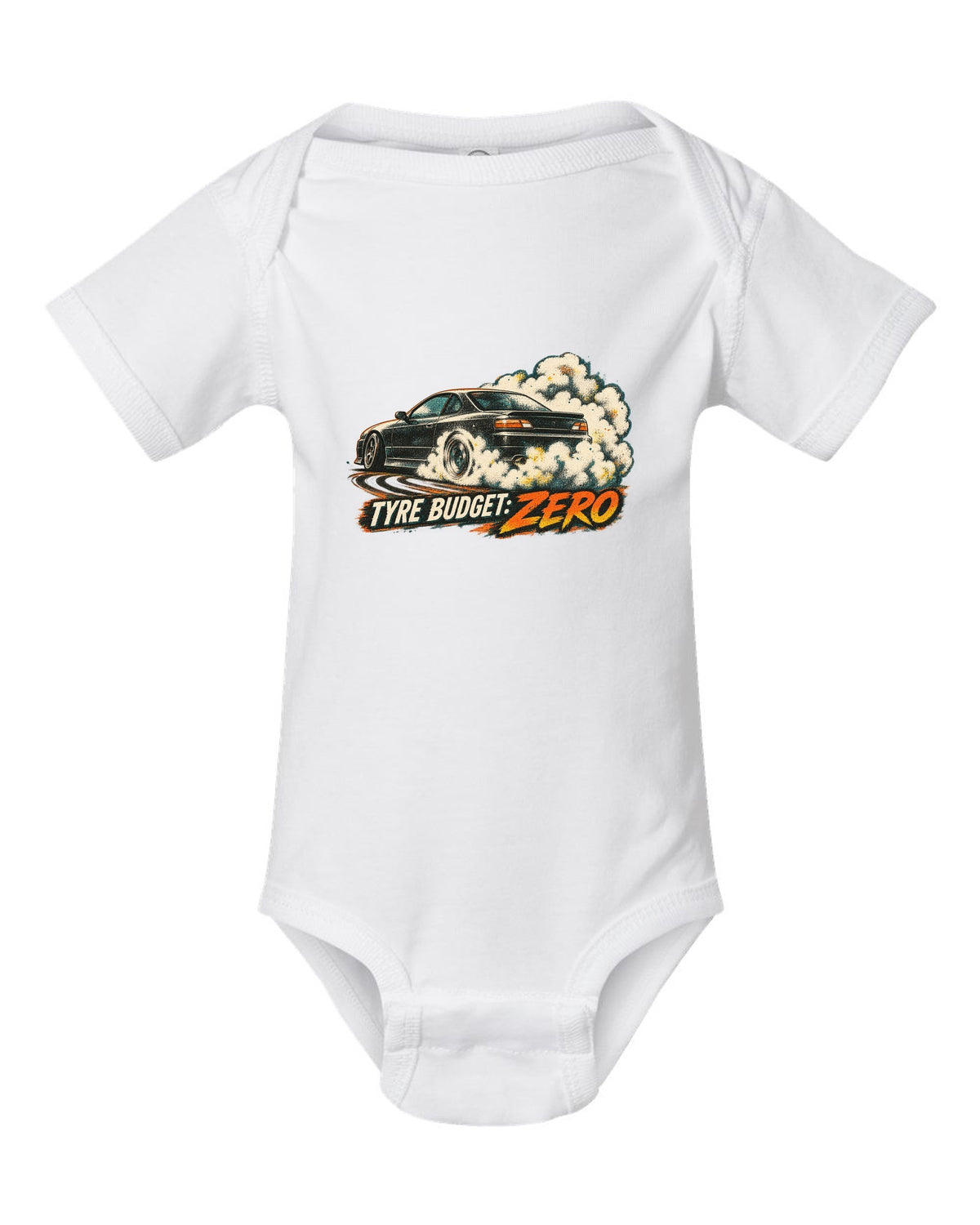 Distressed screenprint print of a 1999 Nissan Silvia S15 with Tyre Budget Zero lettering white baby onesie front view with the design
