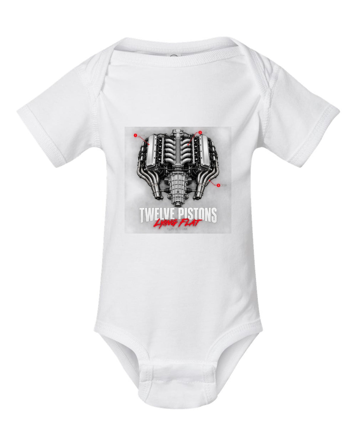 Engine callout print of the Ferrari 512 TR and F512 M flat-12 with the text Twelve Pistons Lying Flat white baby onesie front view with the design
