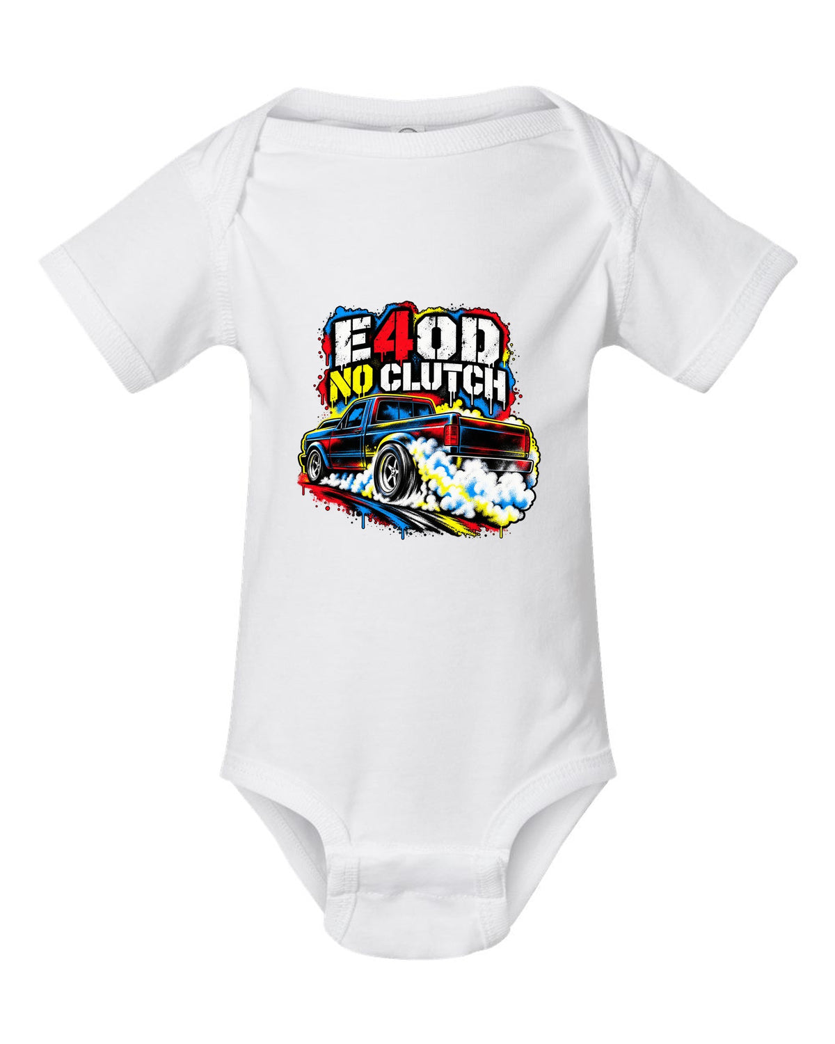 Ford F-150 SVT Lightning first gen burnout in a stencil spray print white baby onesie front view with the design