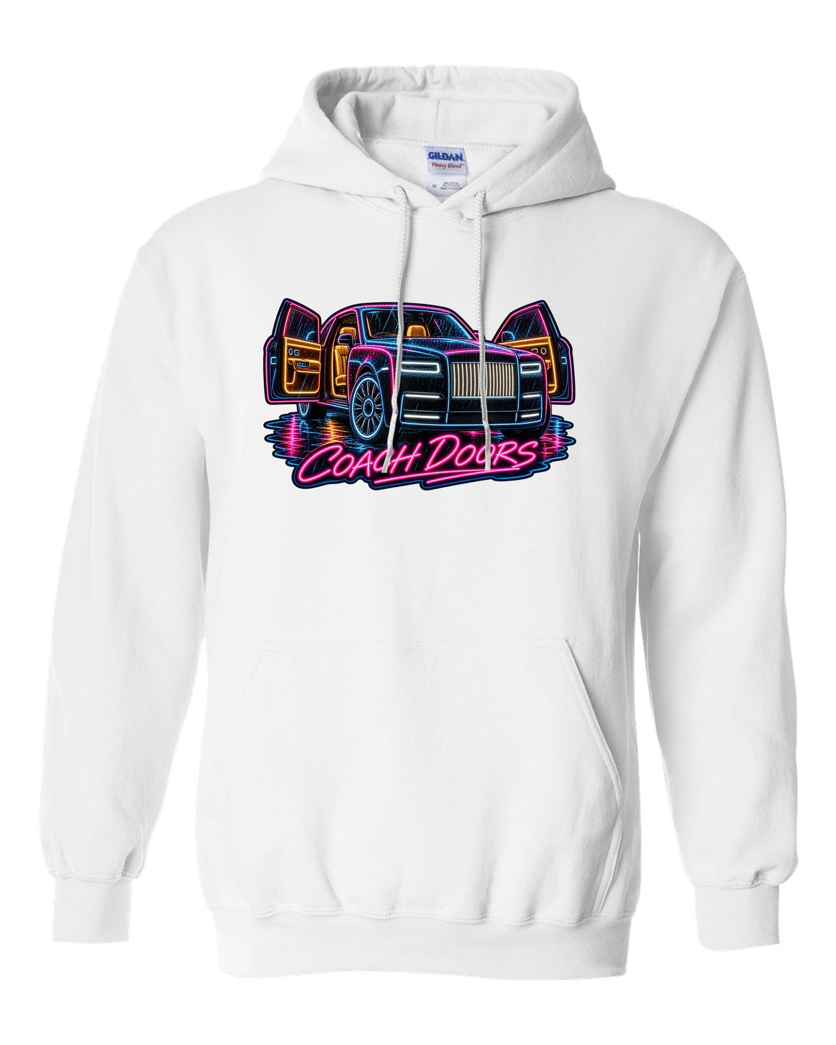 Neon sign style print of a Rolls-Royce Phantom VIII in rain with coach doors lettering white pull over hoodie front view with the design