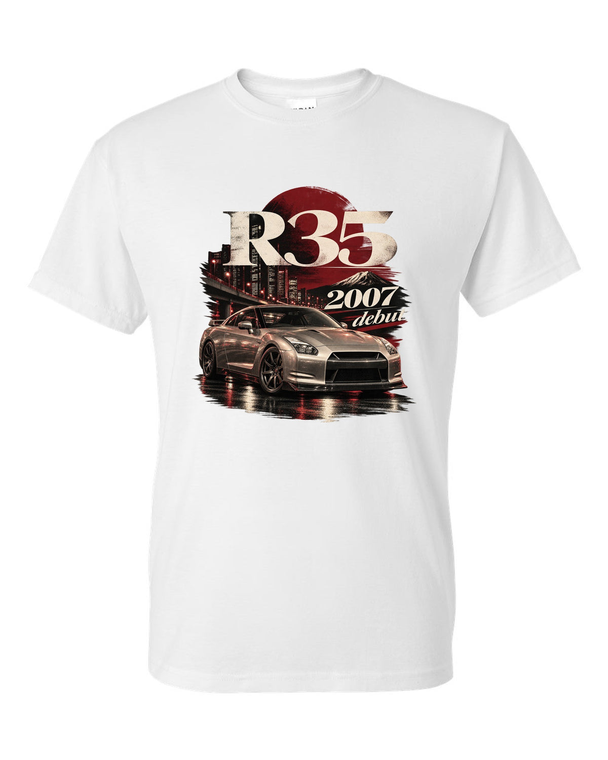 Nissan GT-R R35 2007 debut shape in warm silver on an archive panel white t-shirt front view with the design