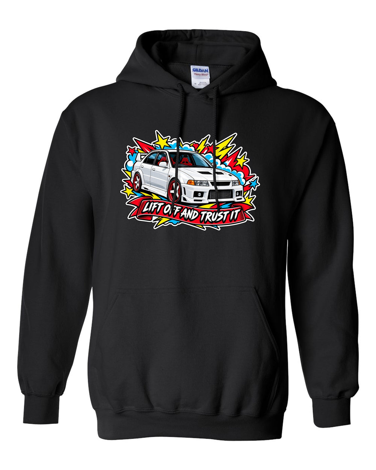 Sticker-bomb collage print for the Mitsubishi Evo VI CP9A with the text lift off and trust it black pull over hoodie front view with the design