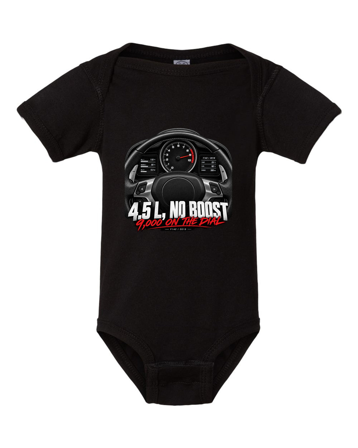 Cockpit gauge print of a Ferrari 458 Italia instrument cluster with 9,000 on the dial black baby onesie front view with the design