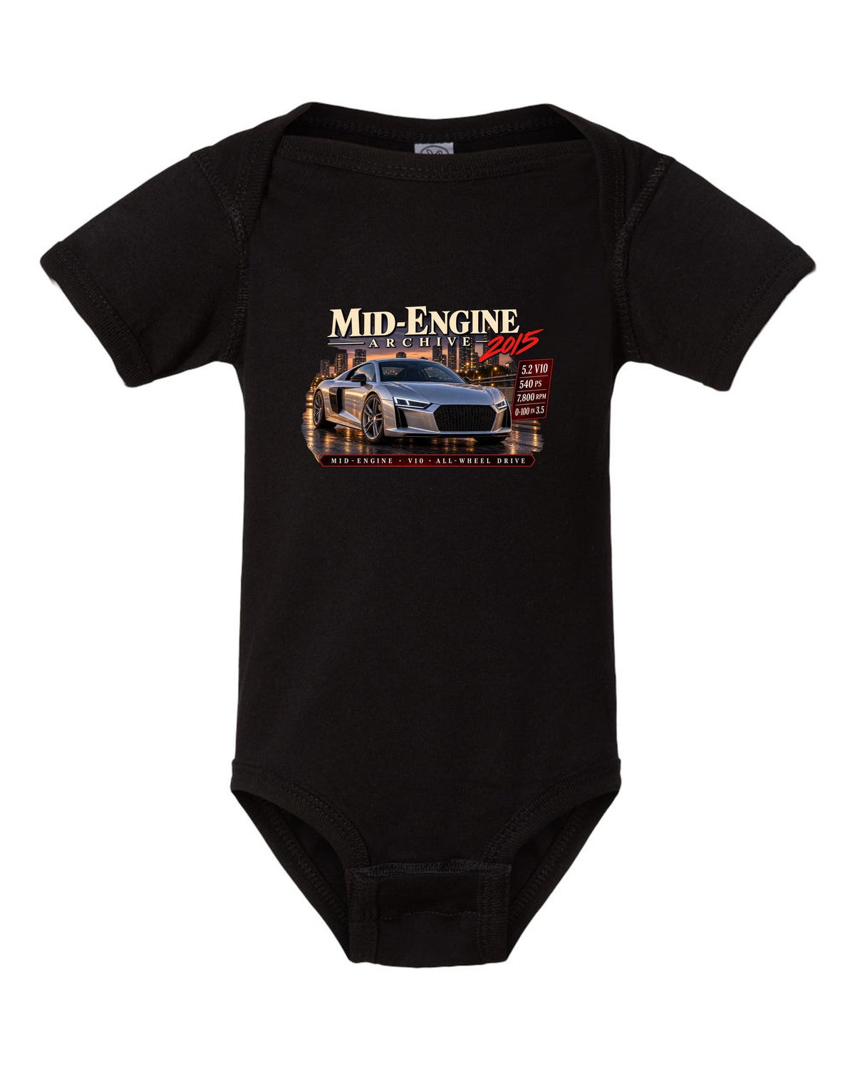 Audi R8 Type 4S V10 front three-quarter in archive panel with 540 PS text black baby onesie front view with the design