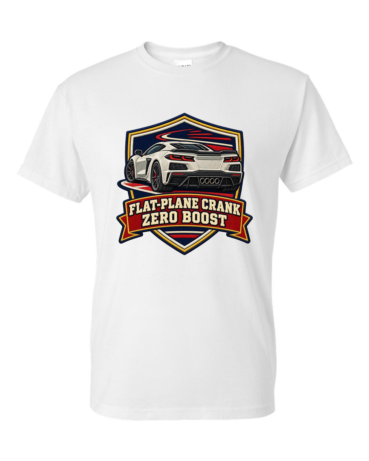 Graffiti street stencil of a 2019 C7 ZR1 Corvette with supercharger window on a wall white t-shirt front view with the design