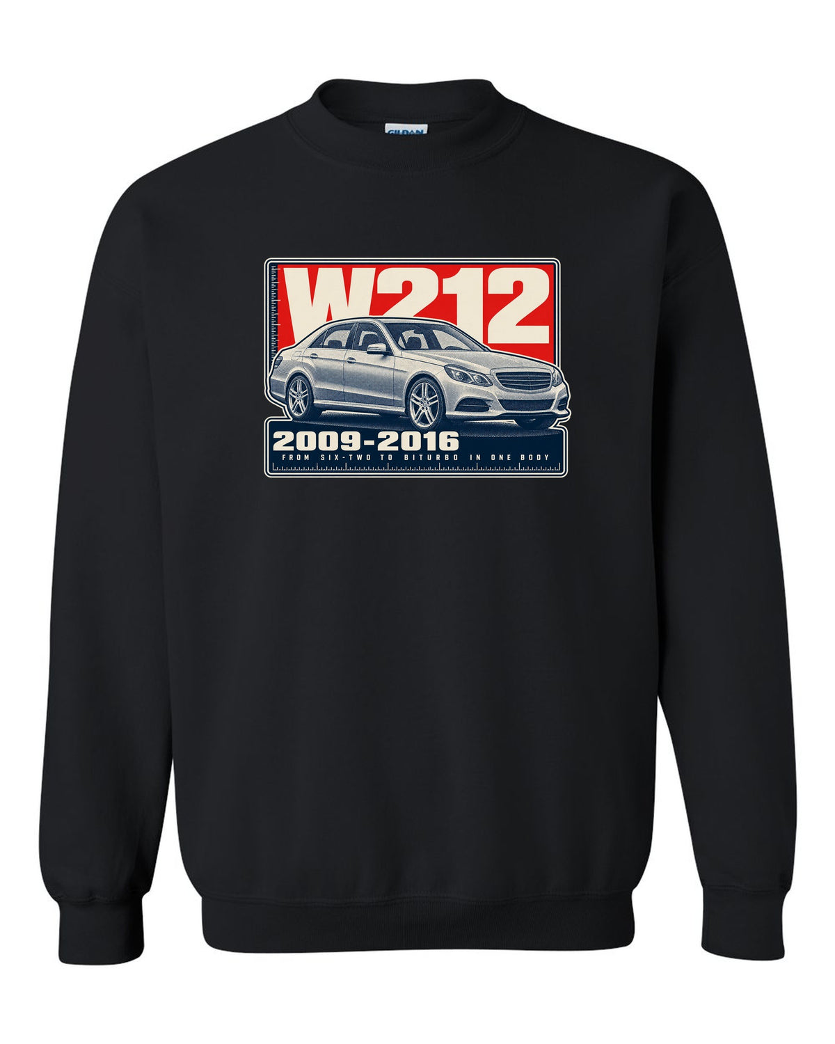 Halftone print of a Mercedes-AMG E63 W212 sedan black crewneck front view with the design