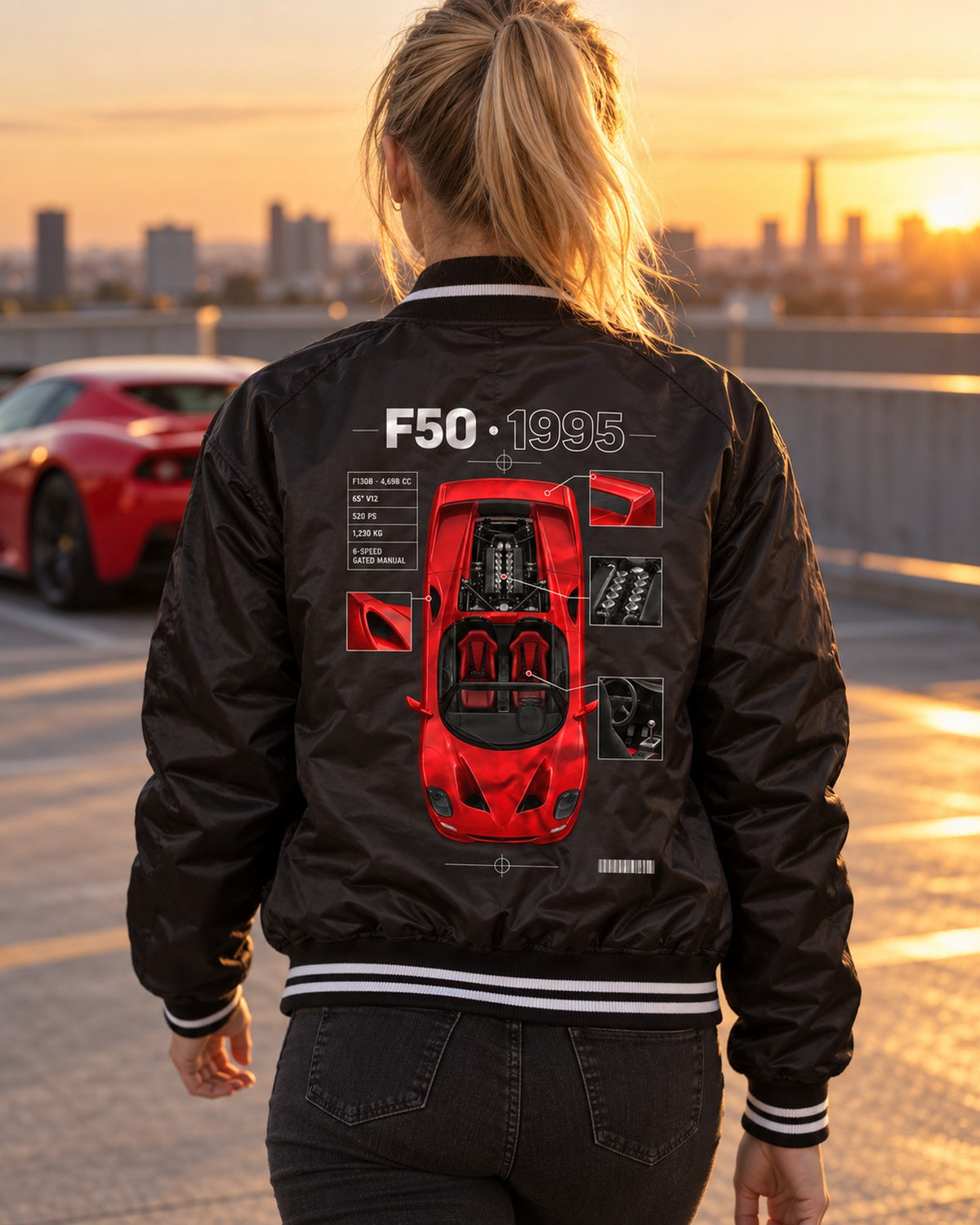 Ferrari F50 F130B Top-Down Spec Poster Tee, 65 Degree V12 Bomber Jacket Black worn hero