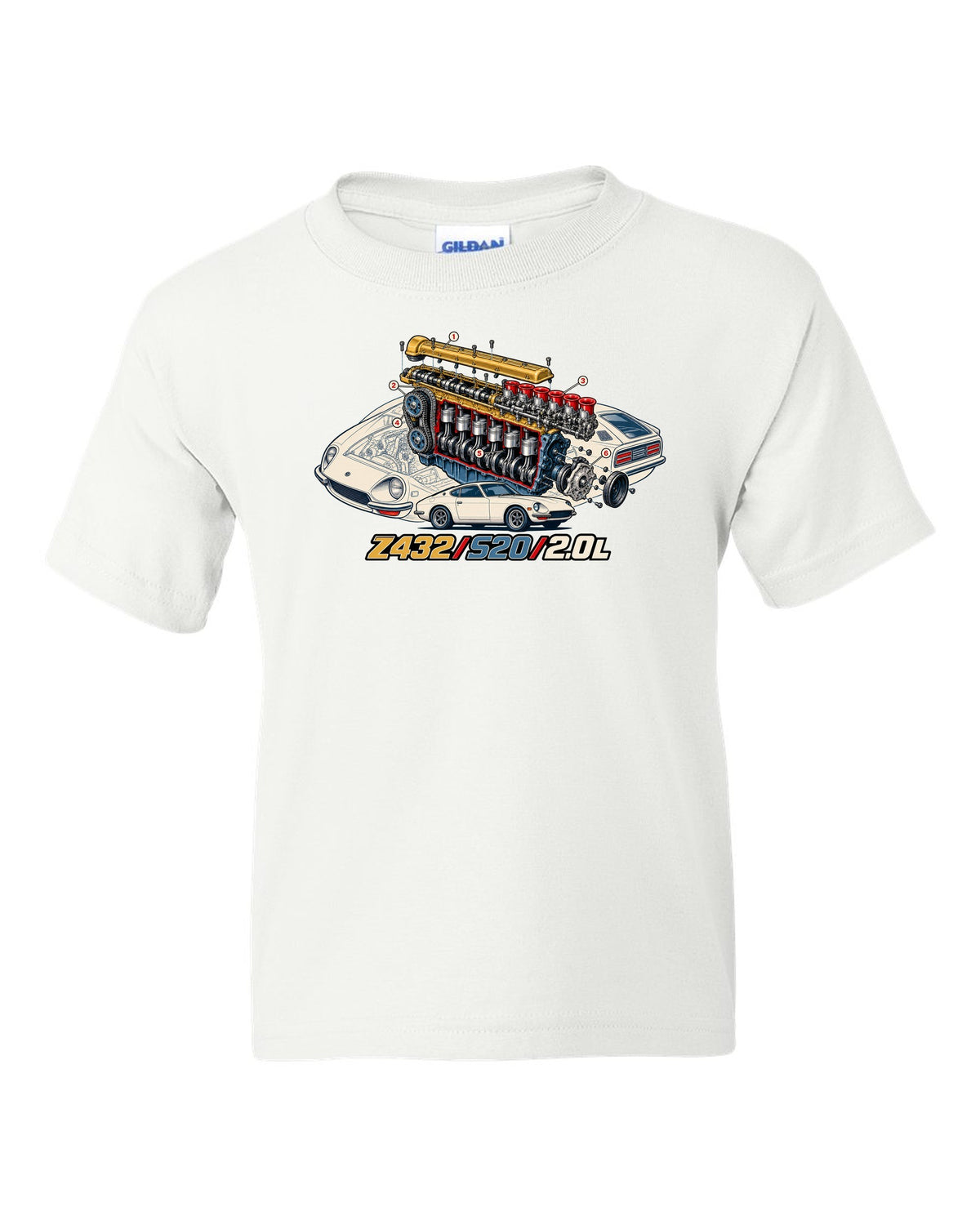 Exploded cutaway engine print for the Z432 with S20 2.0L lettering white kids tee front view with the design