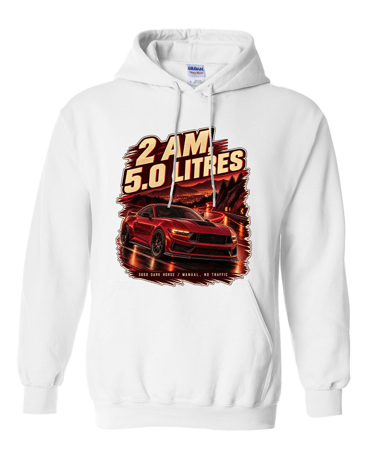 Ford Mustang S650 Dark Horse on an empty night street print white pull over hoodie front view with the design