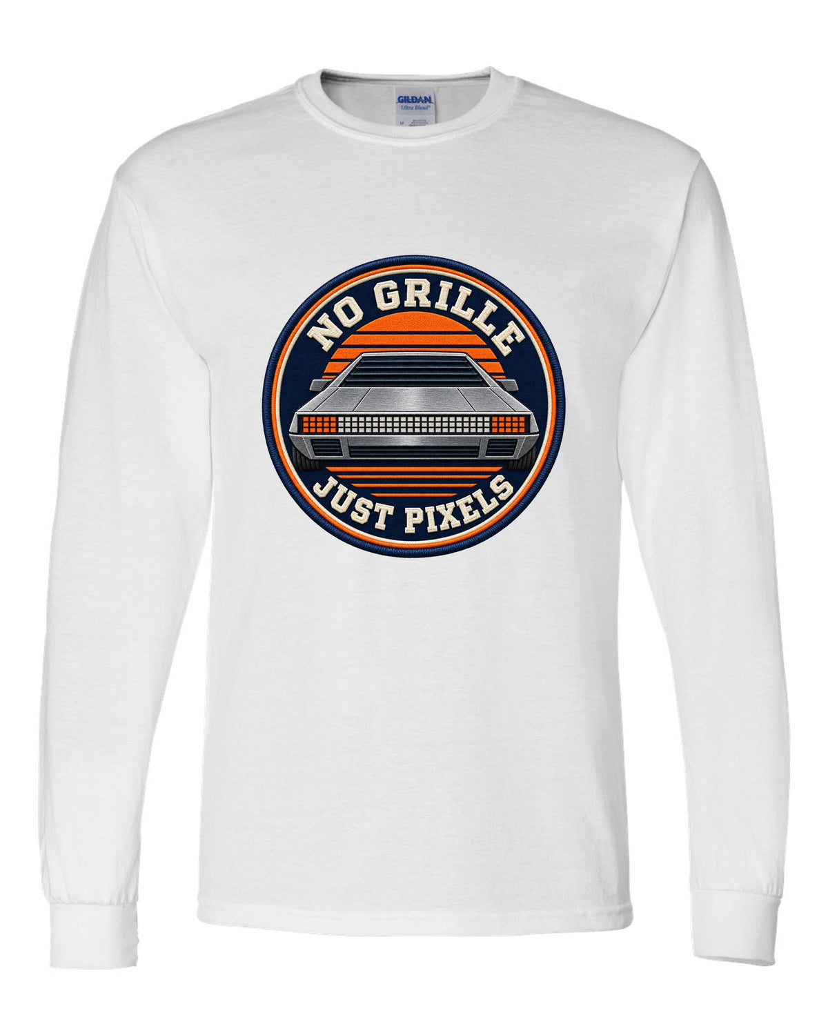 Varsity crest design of the Hyundai N Vision 74 concept with pixel styling white long sleeve front view with the design