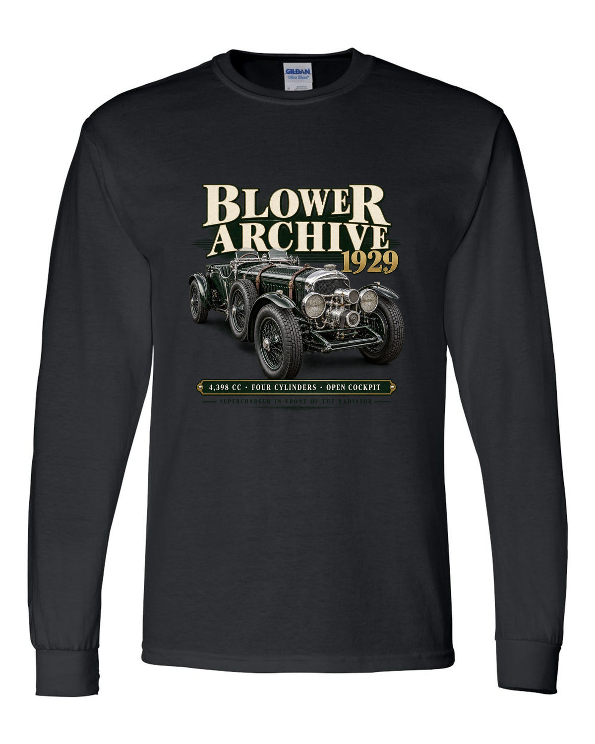 Bentley Blower 1929 archive panel with supercharger detail black long sleeve front view with the design