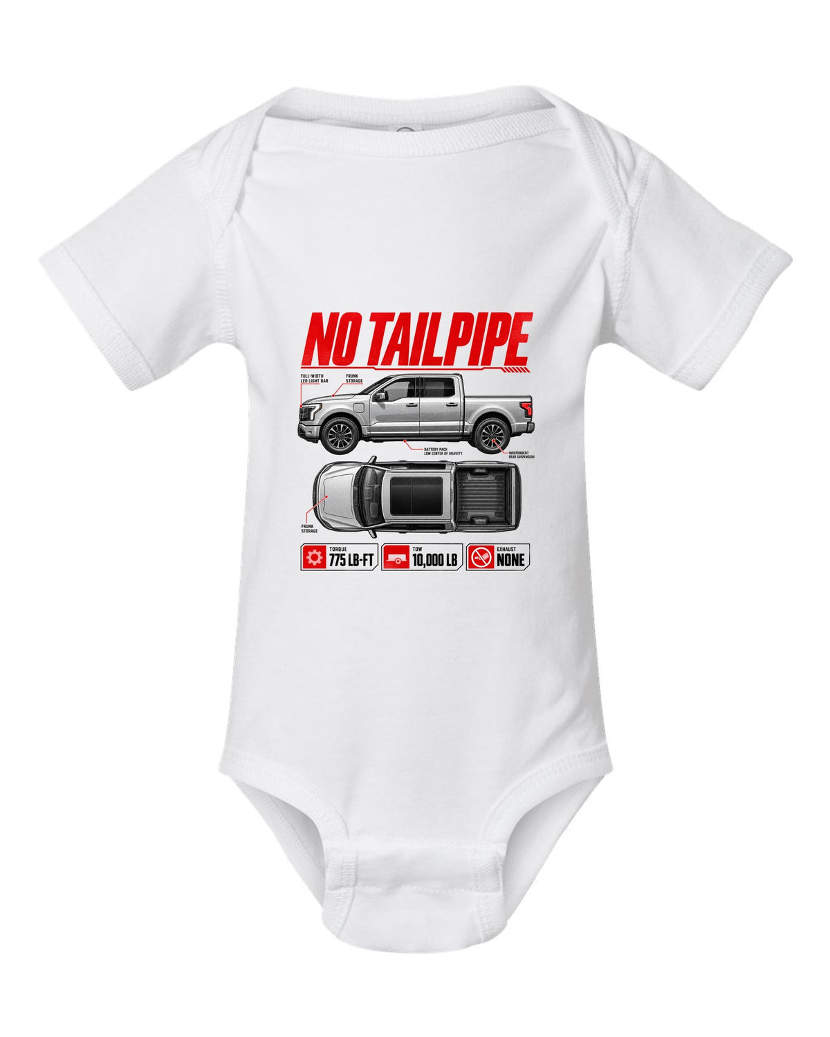 Ford F-150 Lightning 2022 top-down and profile spec sheet poster white baby onesie front view with the design