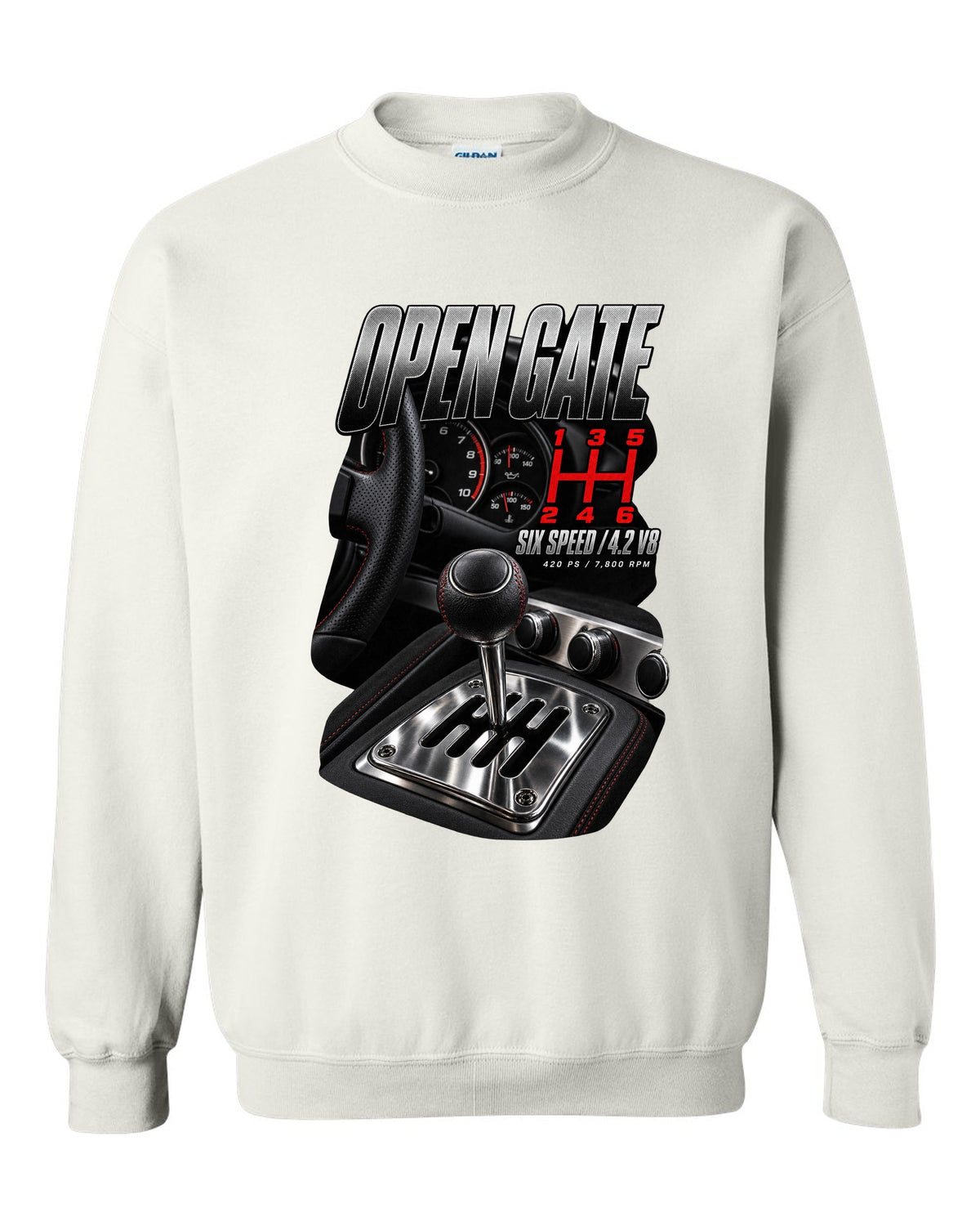 Audi R8 Type 42 V8 open gate six-speed shifter macro design white crewneck front view with the design