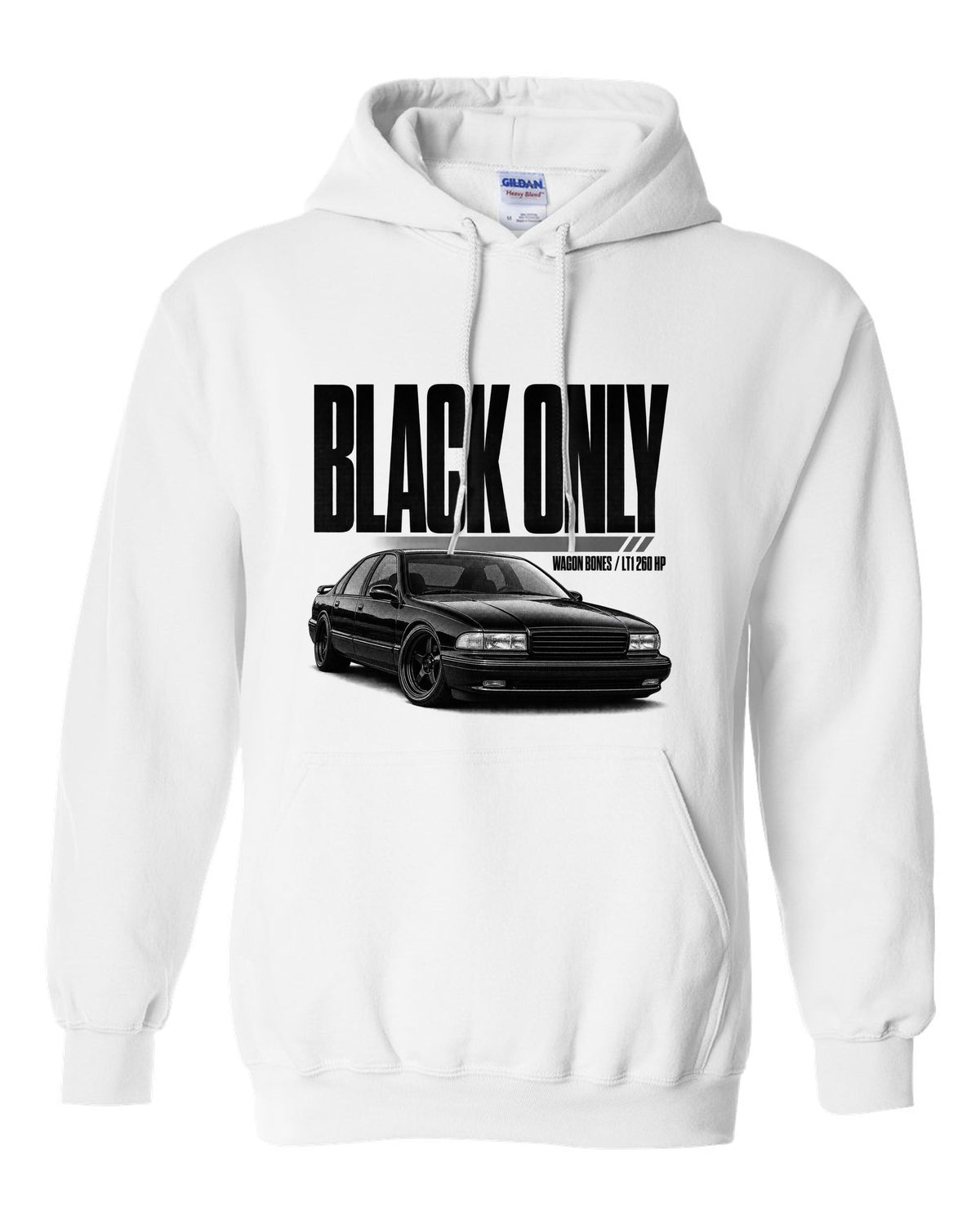 1994 Impala SS front three-quarter halftone print with LT1 text white pull over hoodie front view with the design