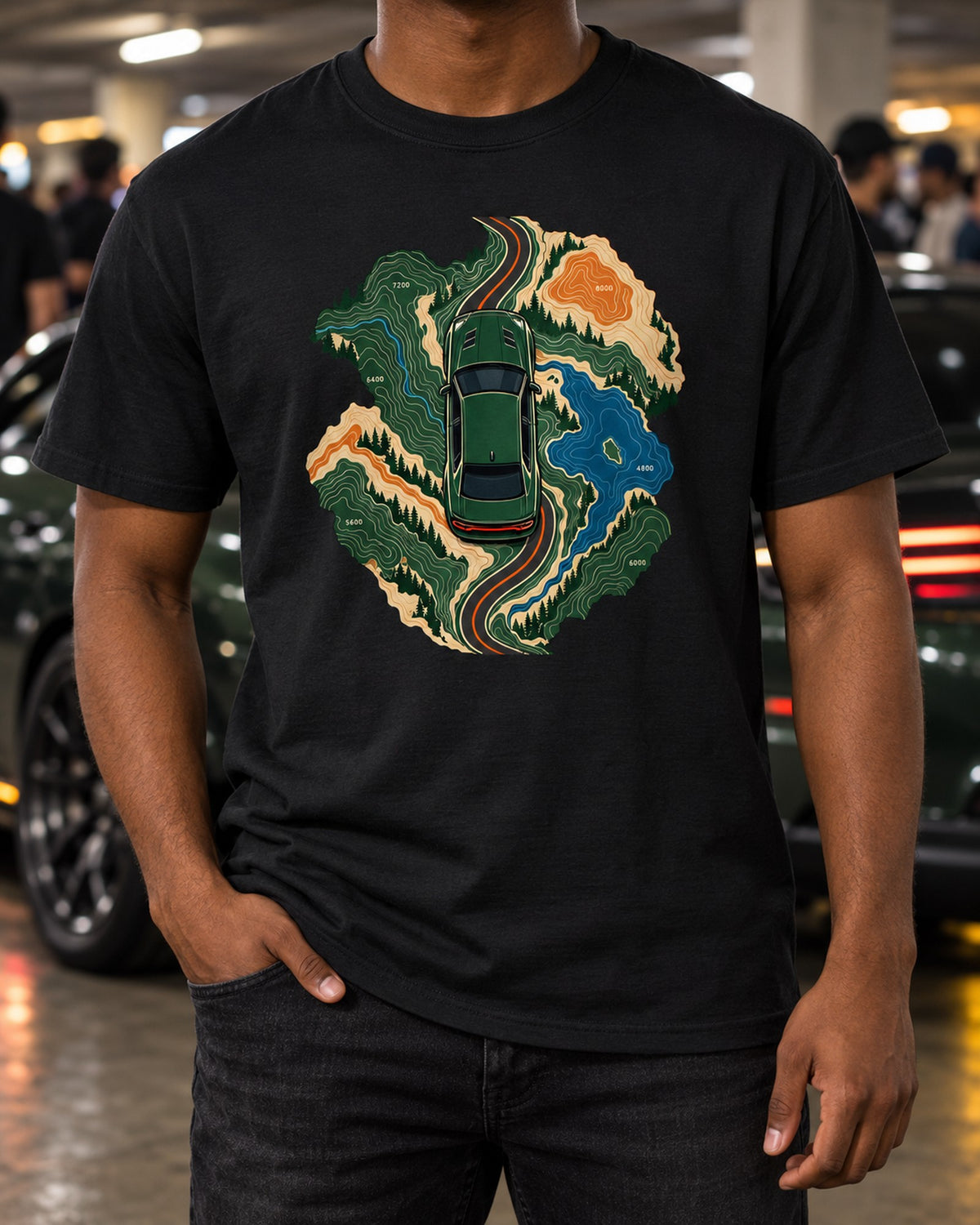 2019 Dodge Charger Scat Pack Topographic Route Map Tee, 392 HEMI T-Shirt Black worn hero