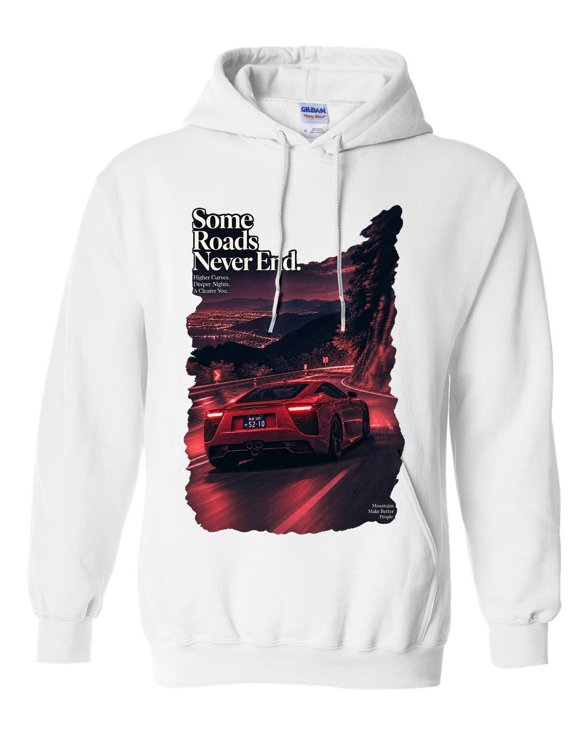 Night touge scene with the Lexus LFA in magenta-red monochrome white pull over hoodie front view with the design
