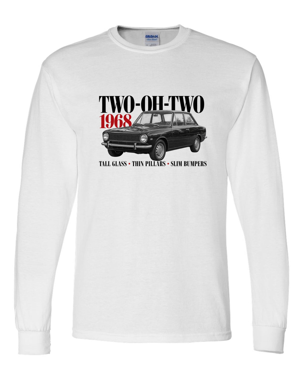 BMW 2002 editorial print with Two-Oh-Two 1968 headline and design details white long sleeve front view with the design