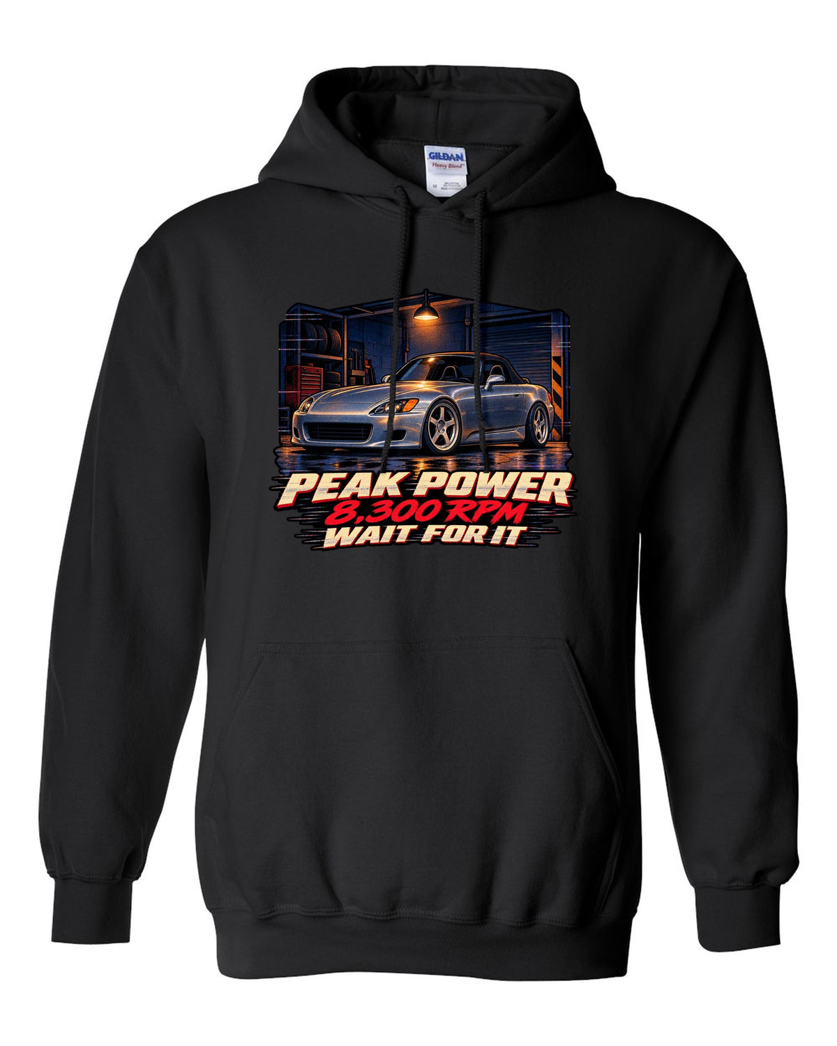 Lo-fi VHS cover style print of a Honda S2000 AP1 with 8,300 RPM wait for it text black pull over hoodie front view with the design