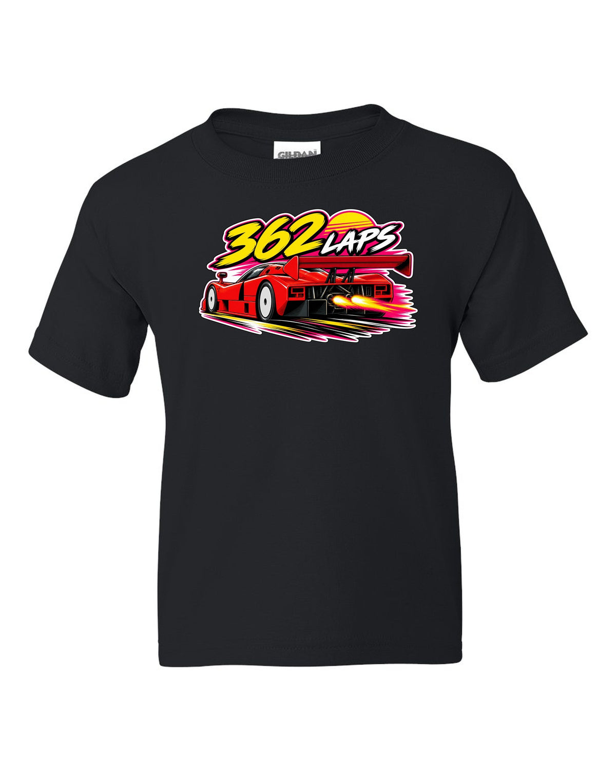 Retro 90s racing sticker-bomb collage for the Mazda 787B with 362 LAPS lettering black kids tee front view with the design