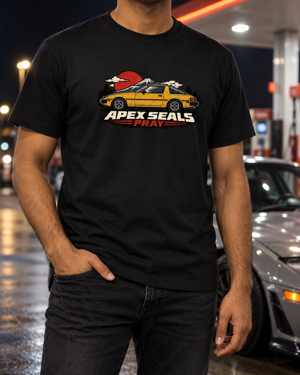 Mazda RX-7 SA22C Linocut Side Profile Shirt, Apex Seals T-Shirt Black worn hero