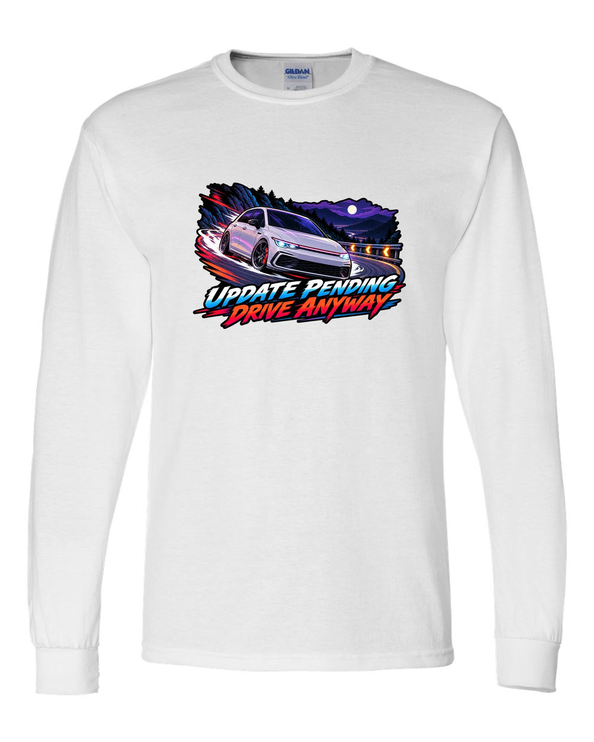 Cel-shaded anime night touge scene of a VW Golf Mk8 GTI with update pending drive anyway text white long sleeve front view with the design