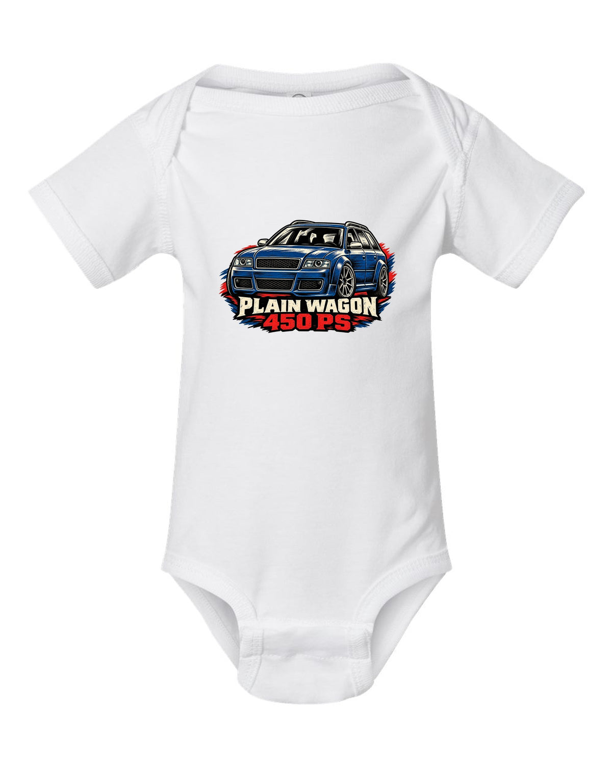 Linocut woodcut design of the Audi RS6 Avant C5 4B with plain wagon and 450 PS lettering white baby onesie front view with the design