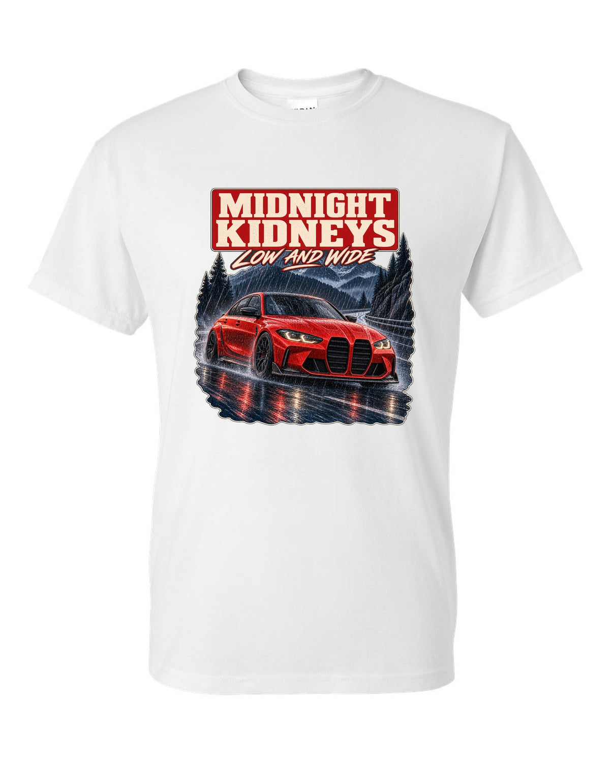 BMW M3 Competition G80 night street print with midnight kidneys text white t-shirt front view with the design